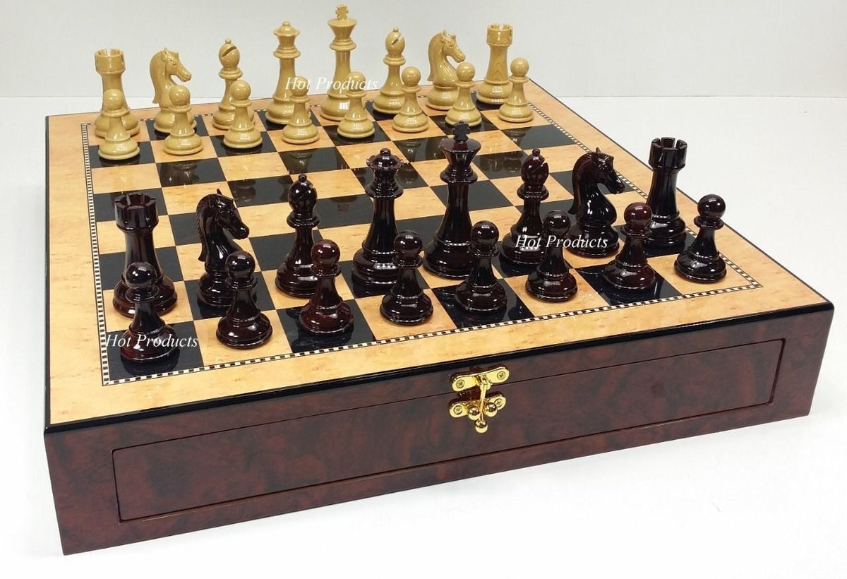 LARGE Staunton High Gloss CHESS SET W 4 1/4" KING 20" Walnut Color Storage Board