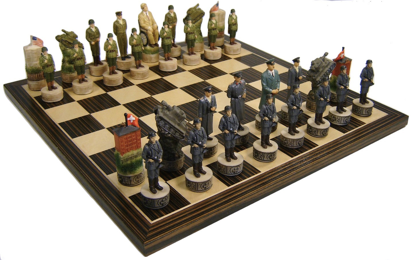 World War 2 US vs GERMANY Chess Set W/ Ebony Black & Maple 14" Wood Board