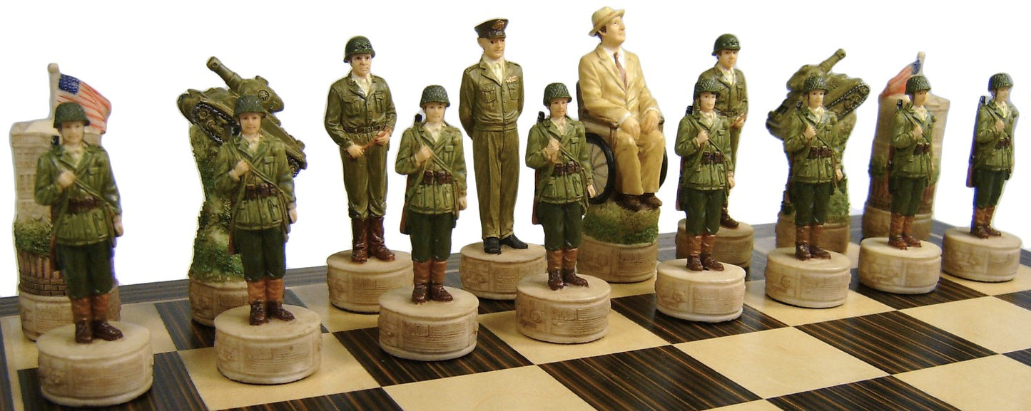World War 2 US vs GERMANY Chess Set W/ Ebony Black & Maple 14" Wood Board