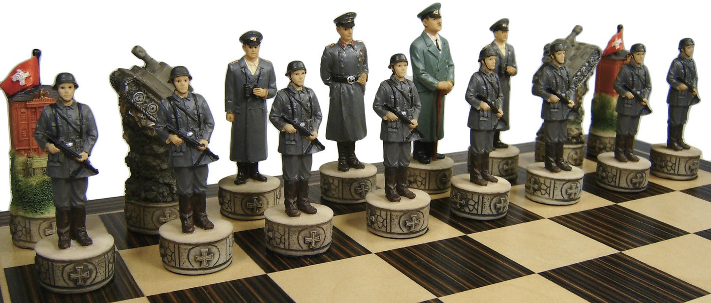 World War 2 US vs GERMANY Chess Set W/ Ebony Black & Maple 14" Wood Board