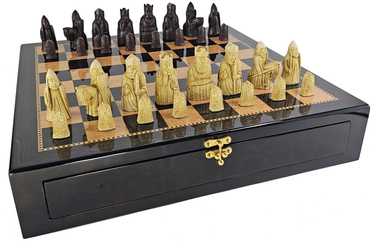 Berkeley Isle of Lewis Brown Medieval Chess Set 20" Walnut Color Storage Board