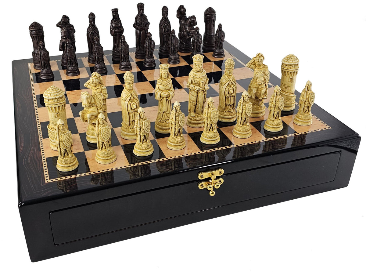 LARGE Medieval Times King Arthur Camelot Chess Set 20"Walnut Color Storage Board