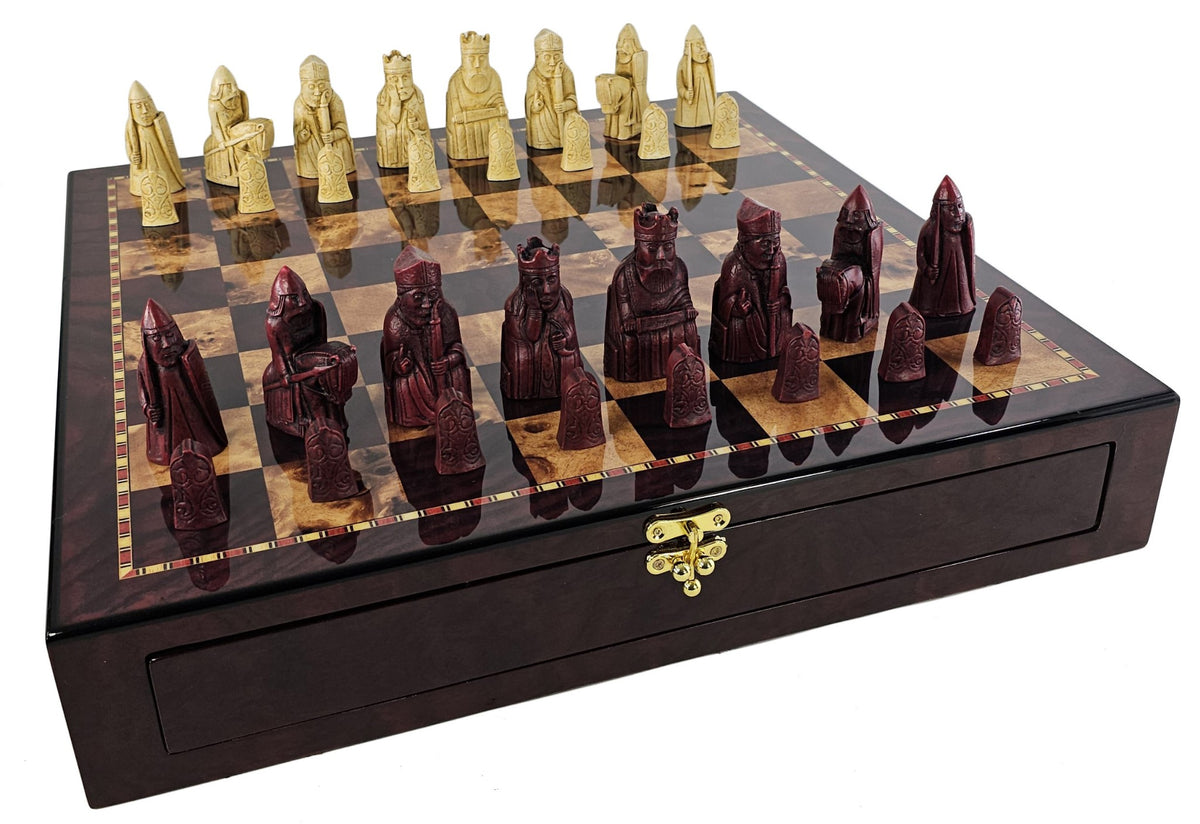 Berkeley Isle of Lewis Red Medieval Chess Set 20" Cherry Color Storage Board