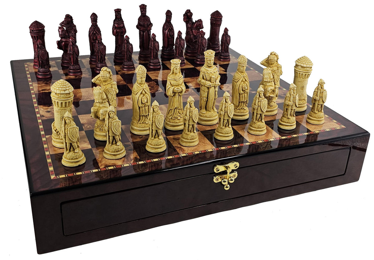 LARGE Medieval Times King Arthur Camelot Chess Set 20"Cherry Color Storage Board