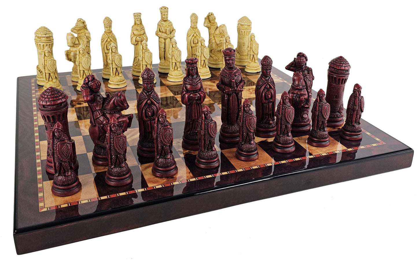 LARGE Medieval Times Red King Arthur Camelot Chess Set 18" Cherry Color Board