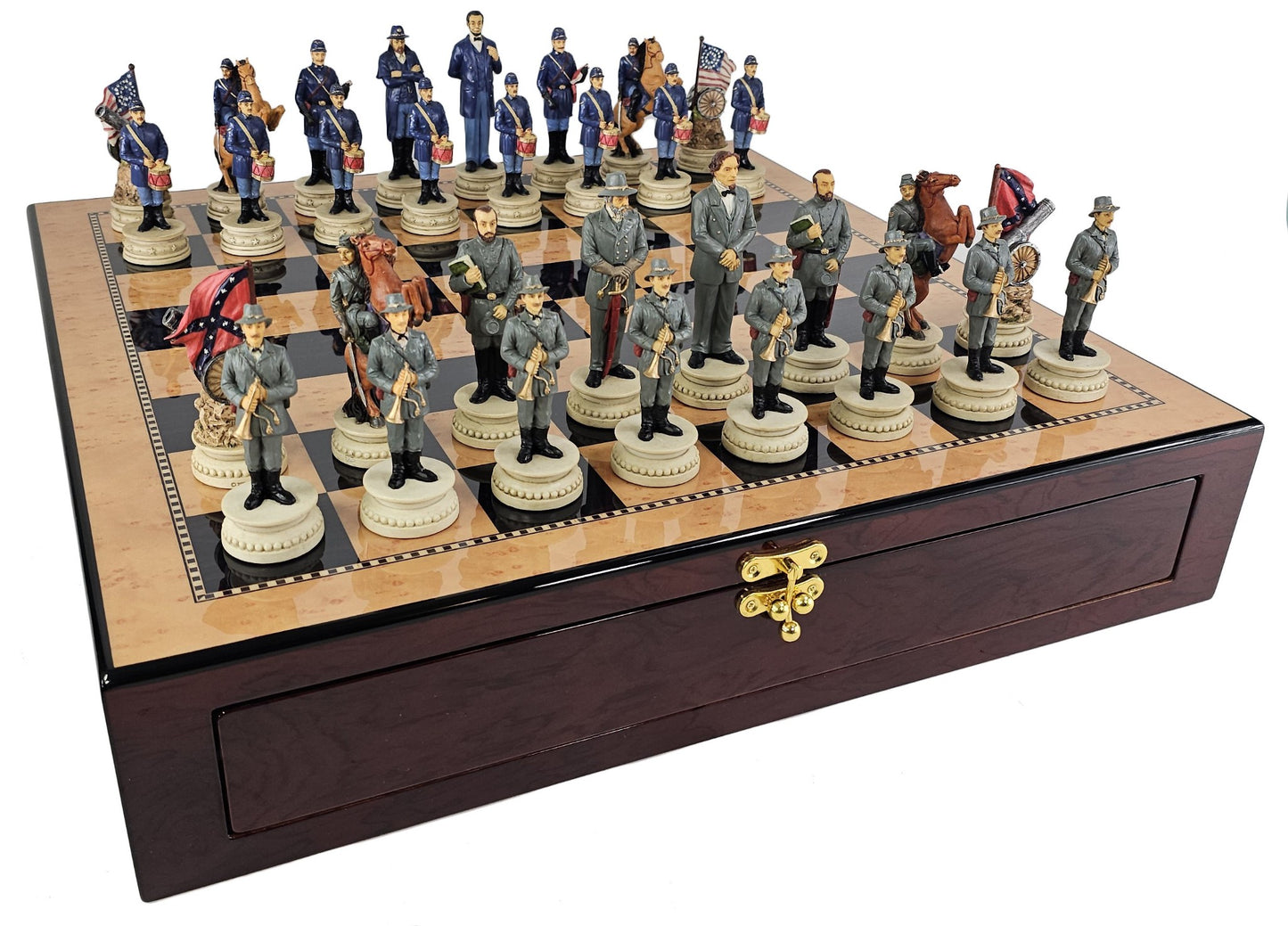 LARGE 4 1/2" KING US Civil War Generals Chess Set 20" Walnut Color Storage Board