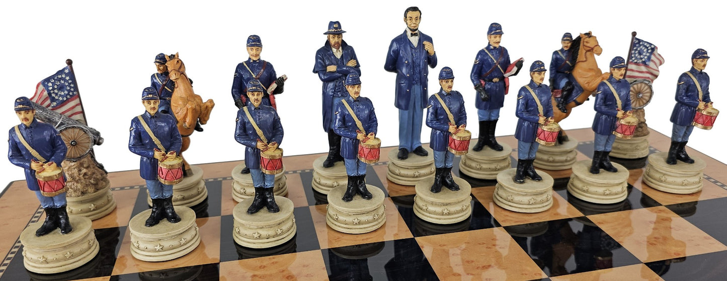 LARGE 4 1/2" KING US Civil War Generals Chess Set 20" Walnut Color Storage Board