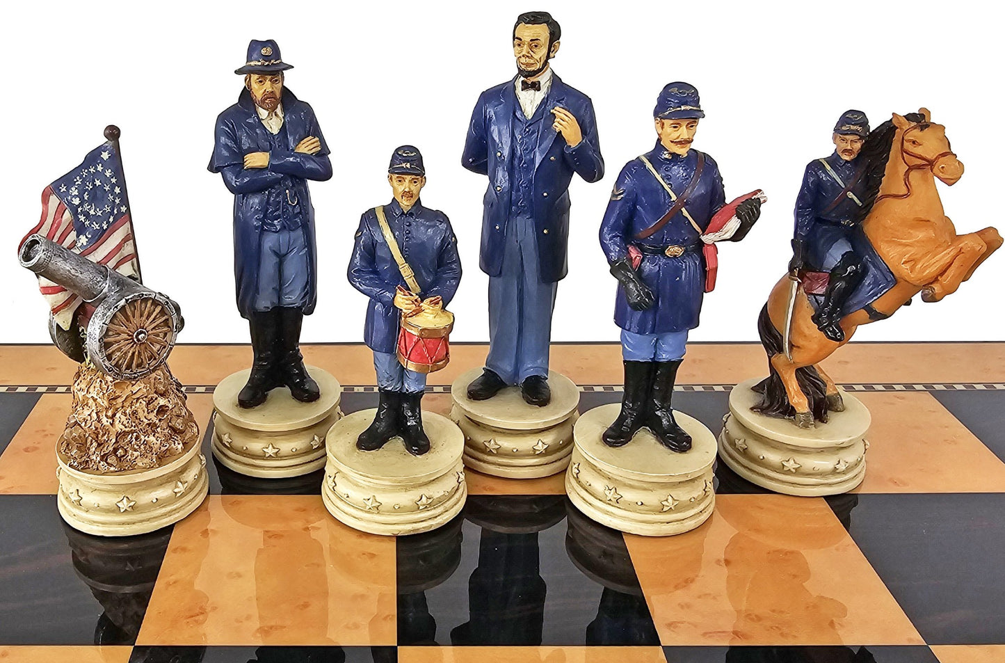 LARGE 4 1/2" KING US Civil War Generals Chess Set 20" Walnut Color Storage Board
