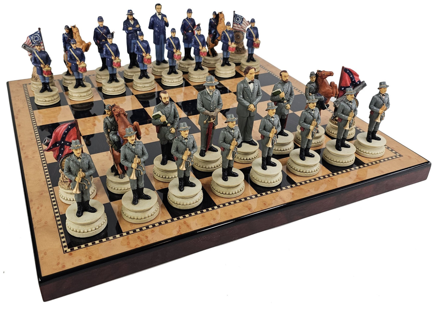 LARGE 4.5" King US Civil War General Queens Chess Set W 18" Walnut Color Board