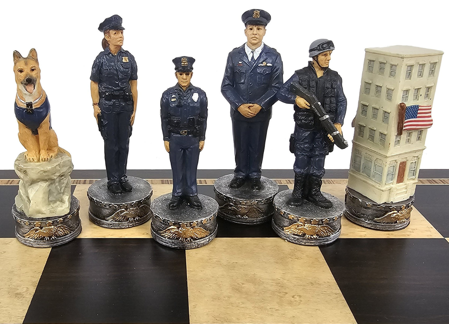 Police vs Firefighter First Responders Chess Set Ebony & Maple Wood Board