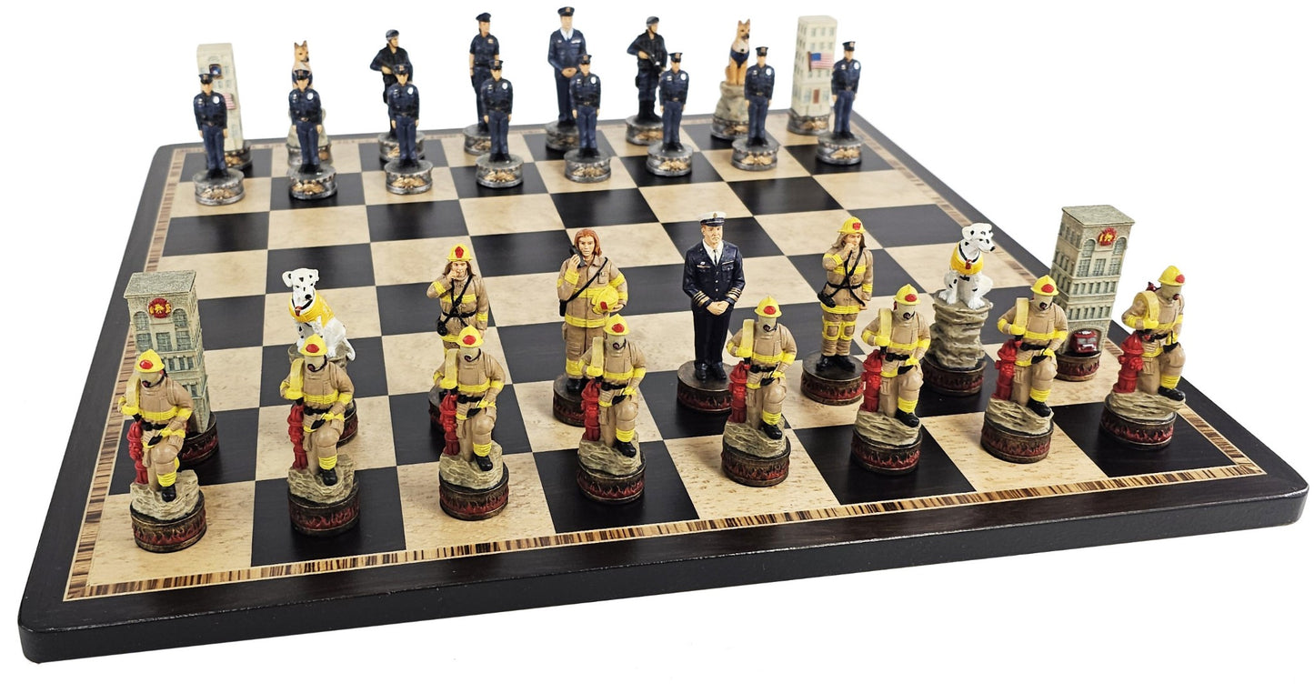 Police vs Firefighter First Responders Chess Set Ebony & Maple Wood Board