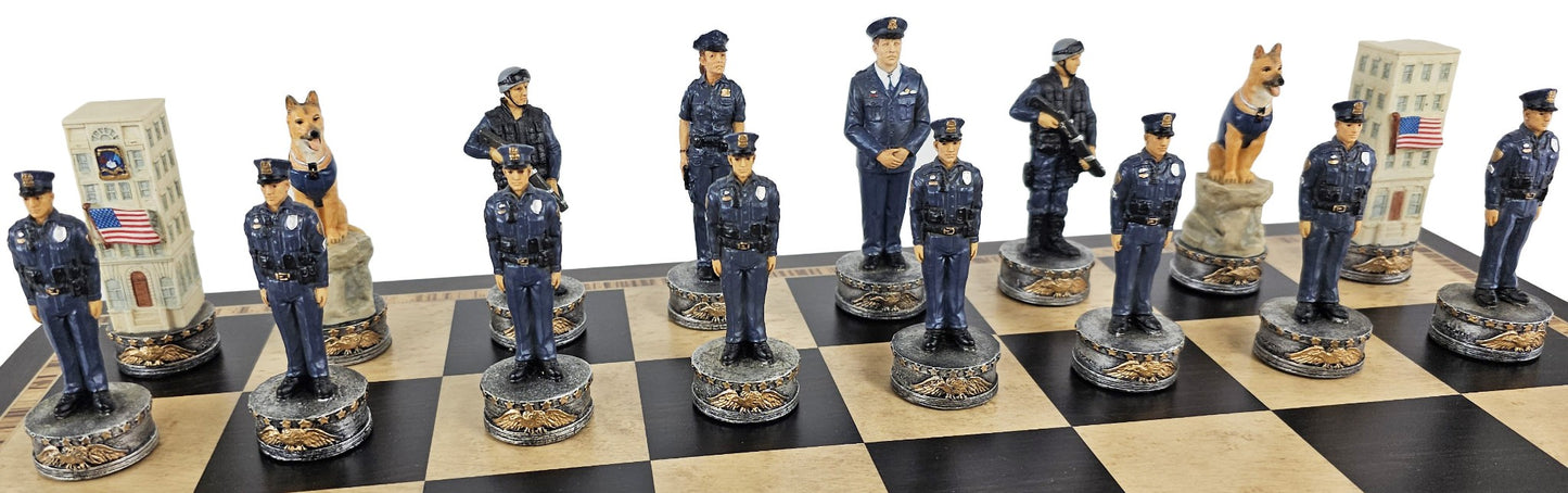 Police vs Firefighter First Responders Chess Set Ebony & Maple Wood Board