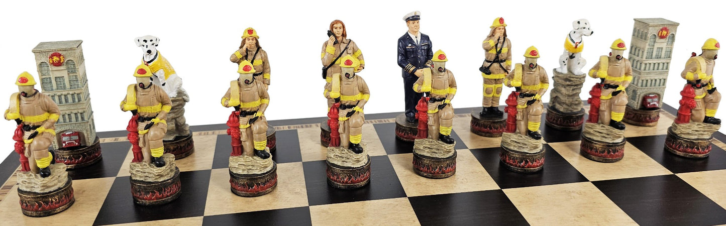 Police vs Firefighter First Responders Chess Set Ebony & Maple Wood Board