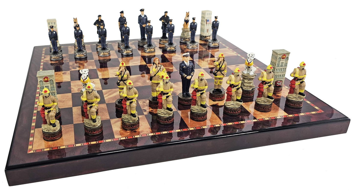 Police vs Firefighter First Responders Chess Men Set W/ 18" Cherry Color Board