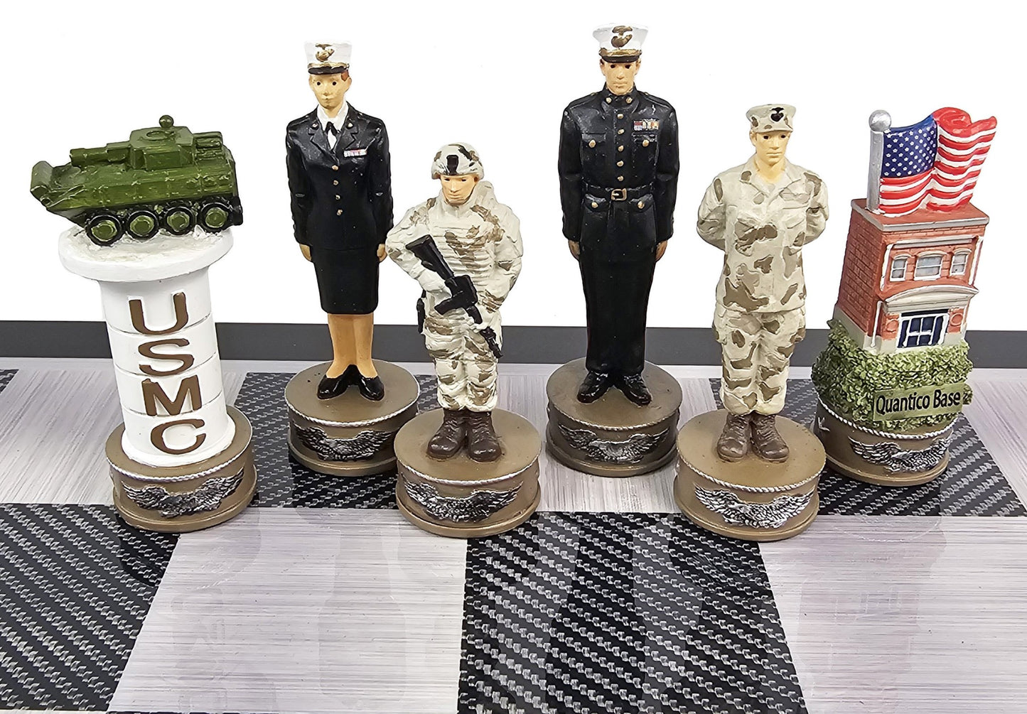 US Military 16 piece Chess Men Set Army Navy Air Force Marines - Board Separate
