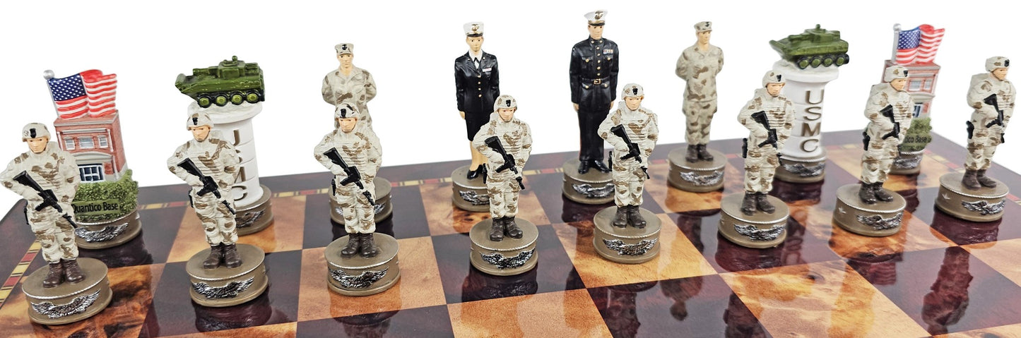 US Military Navy vs Marines Chess Men Set With Cherry Color Storage Board