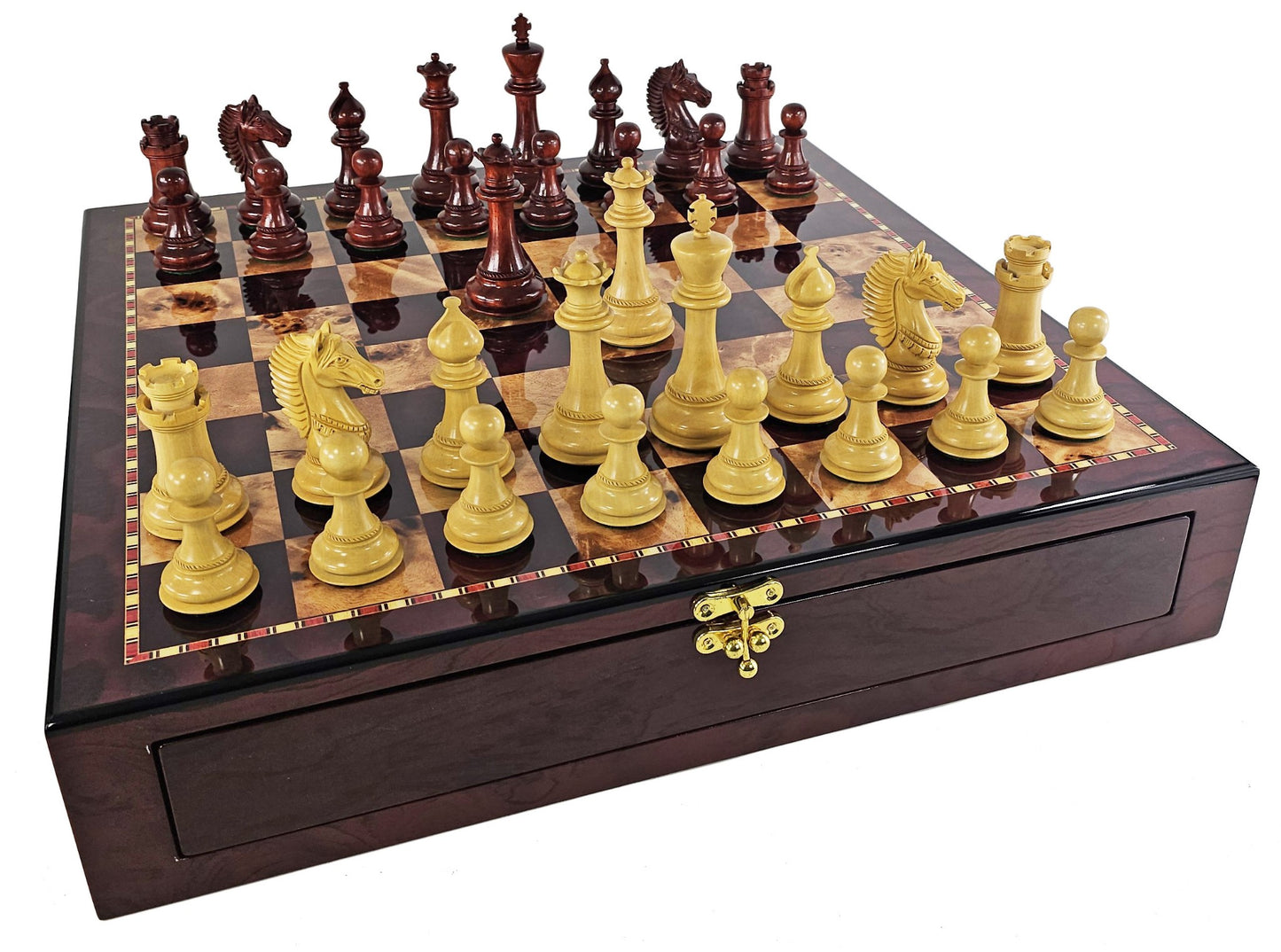 Bellagio Large Staunton Luxury Bloodwood Chess Set w/ Cherry Color Storage Board