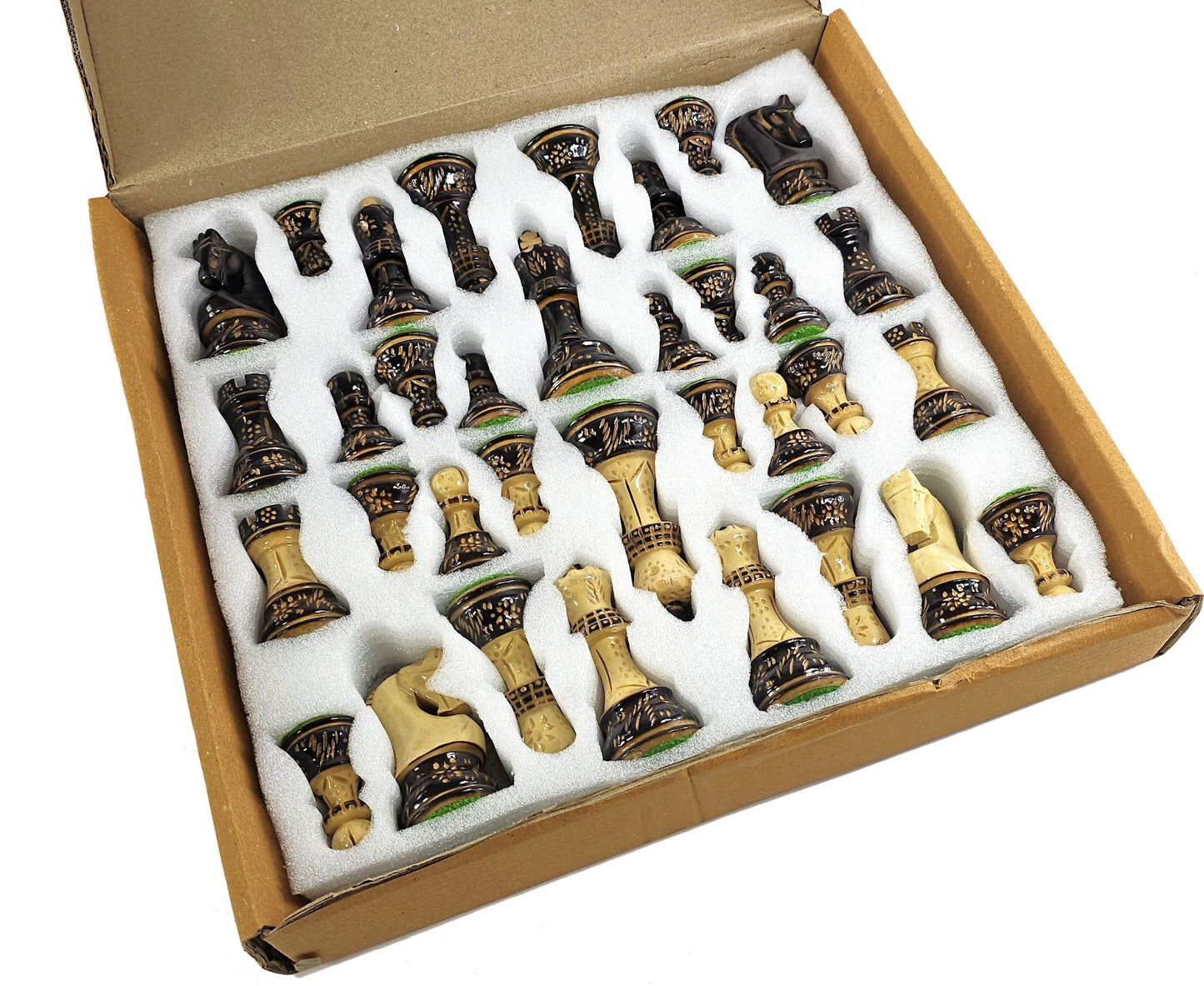 4 QUEEN Burnt Black Boxwood Zagreb 3 3/4" King Staunton Chess Men Set - NO BOARD