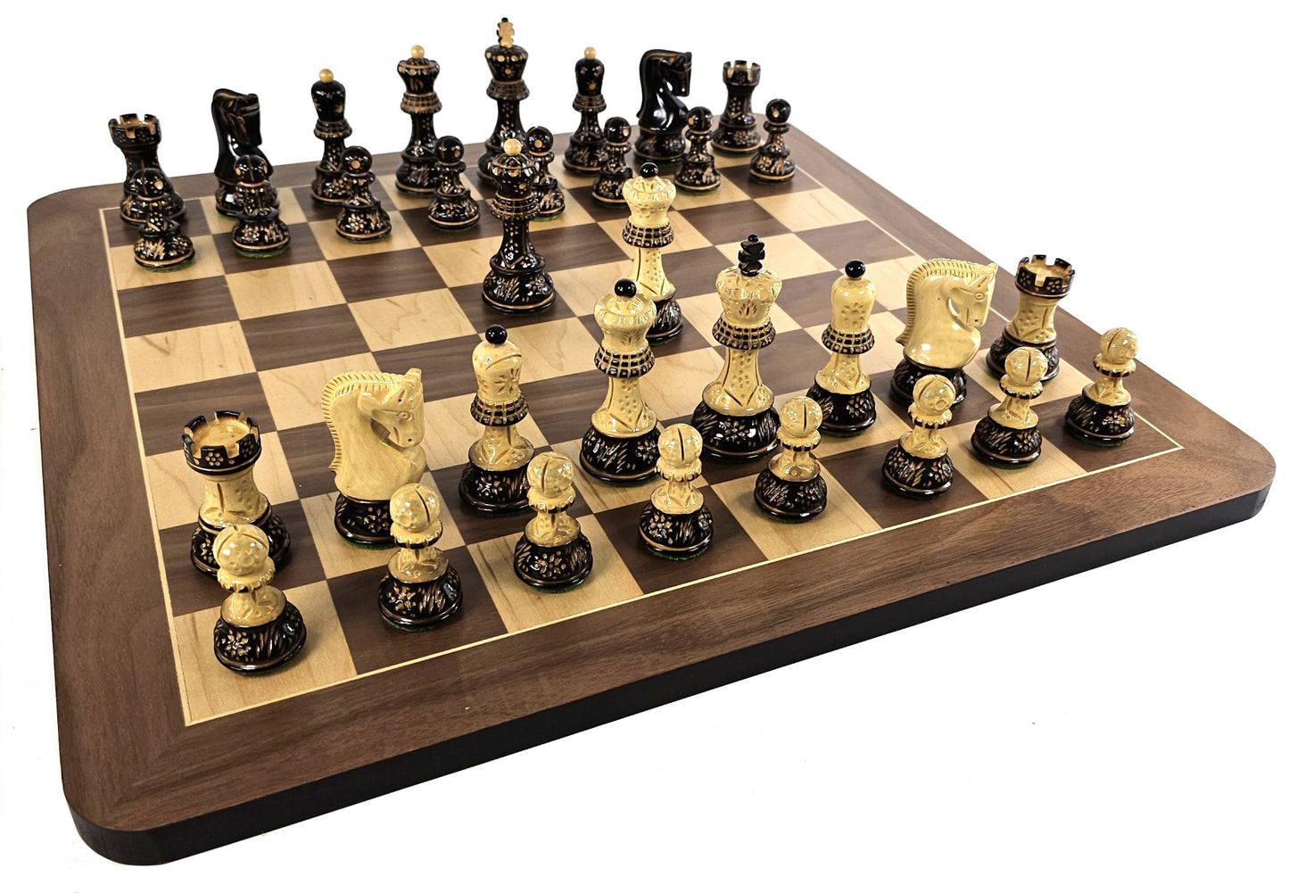 4 QN Burnt Zagreb 3 3/4" King Staunton Wood Chess Set with 19" Walnut Board