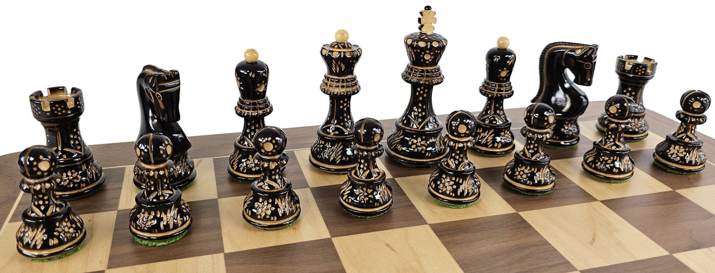4 QN Burnt Zagreb 3 3/4" King Staunton Wood Chess Set with 19" Walnut Board