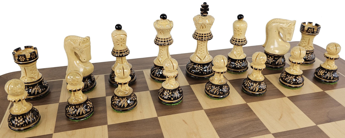4 QN Burnt Zagreb 3 3/4" King Staunton Wood Chess Set with 19" Walnut Board
