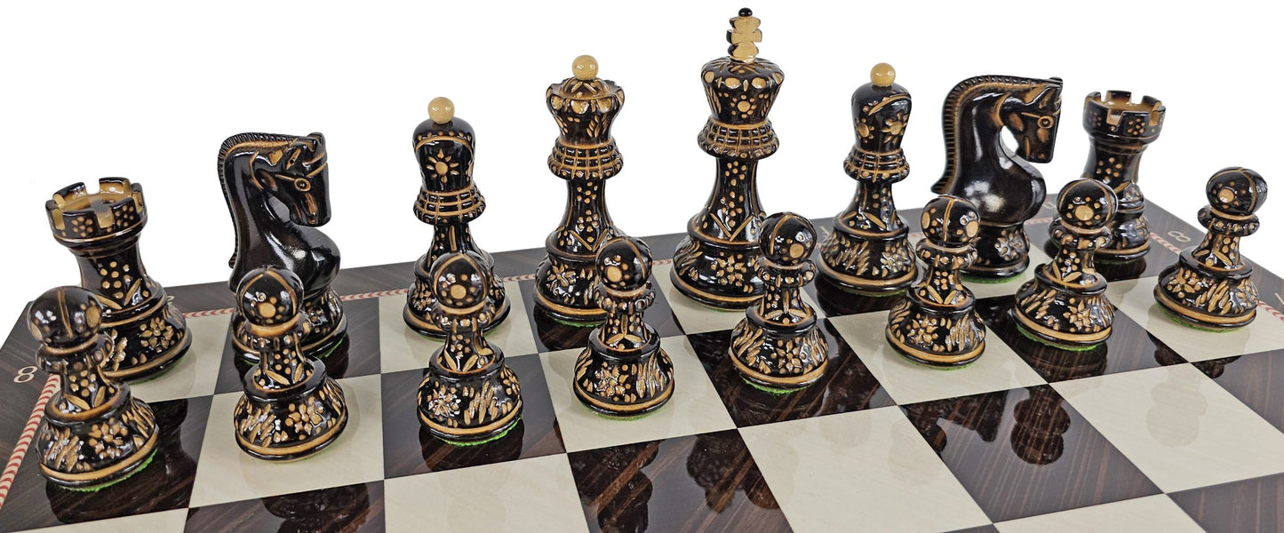 4 QN Burnt Zagreb 3 3/4" King Staunton Wood Chess Set W/ Elegance Board