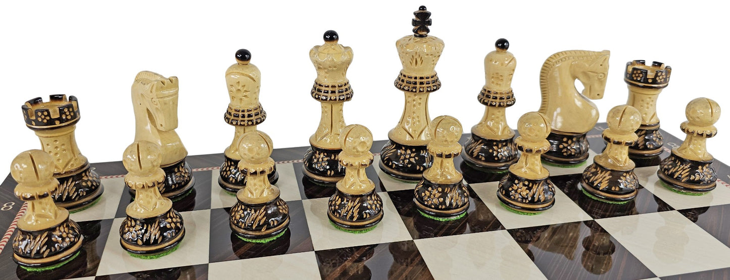 4 QN Burnt Zagreb 3 3/4" King Staunton Wood Chess Set W/ Elegance Board