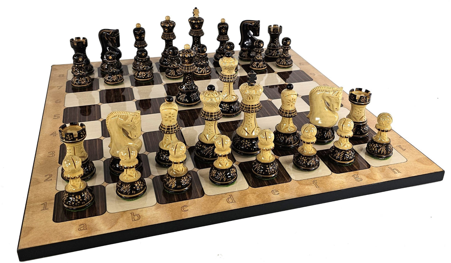 4 QN Burnt Zagreb 3 3/4" King Staunton Wood Chess Set W/ Rustic Board