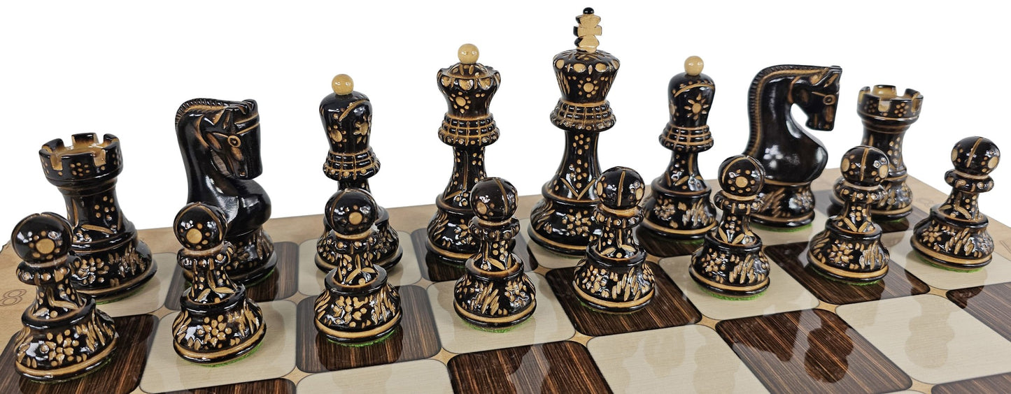 4 QUEEN Burnt Black Boxwood Zagreb 3 3/4" King Staunton Chess Men Set - NO BOARD