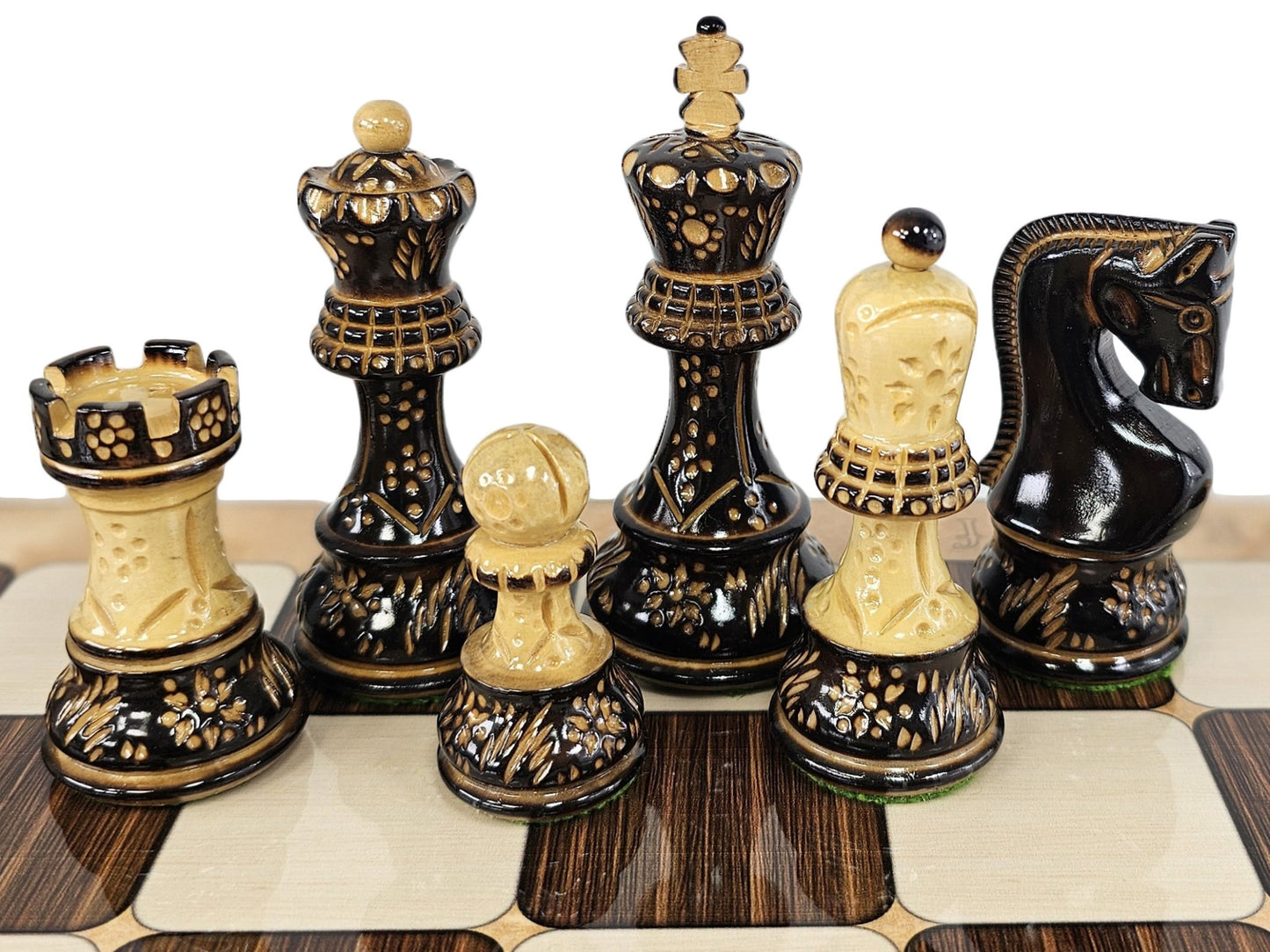 4 QUEEN Burnt Black Boxwood Zagreb 3 3/4" King Staunton Chess Men Set - NO BOARD