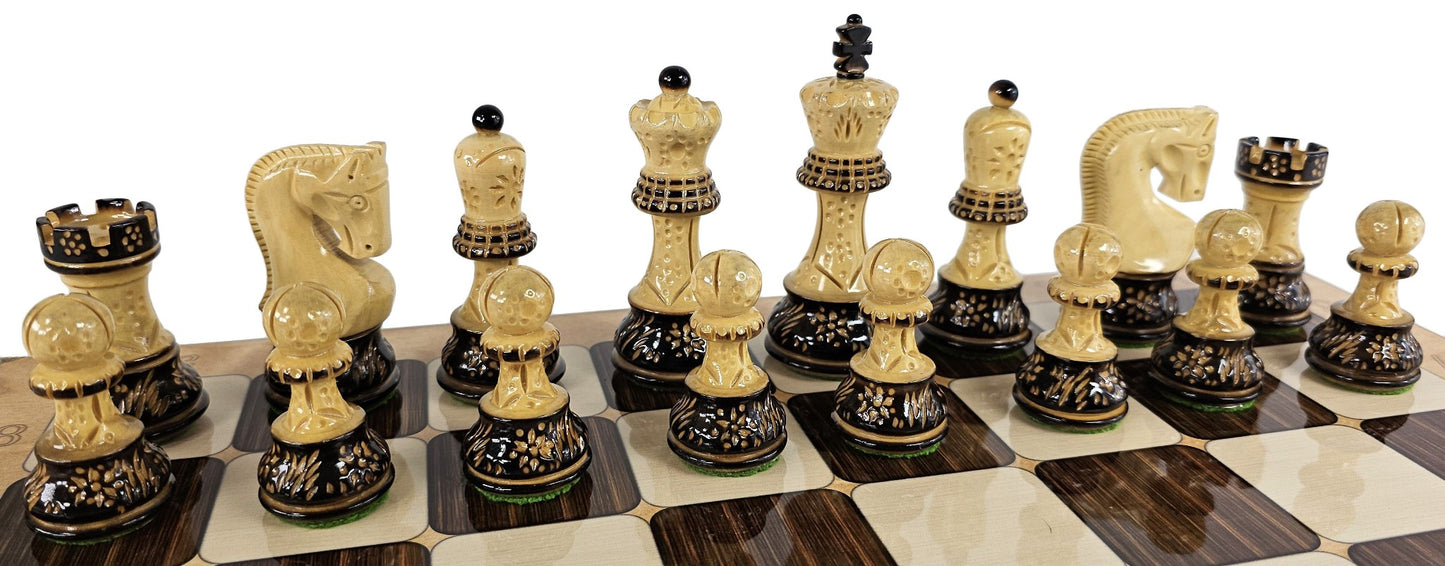 4 QUEEN Burnt Black Boxwood Zagreb 3 3/4" King Staunton Chess Men Set - NO BOARD