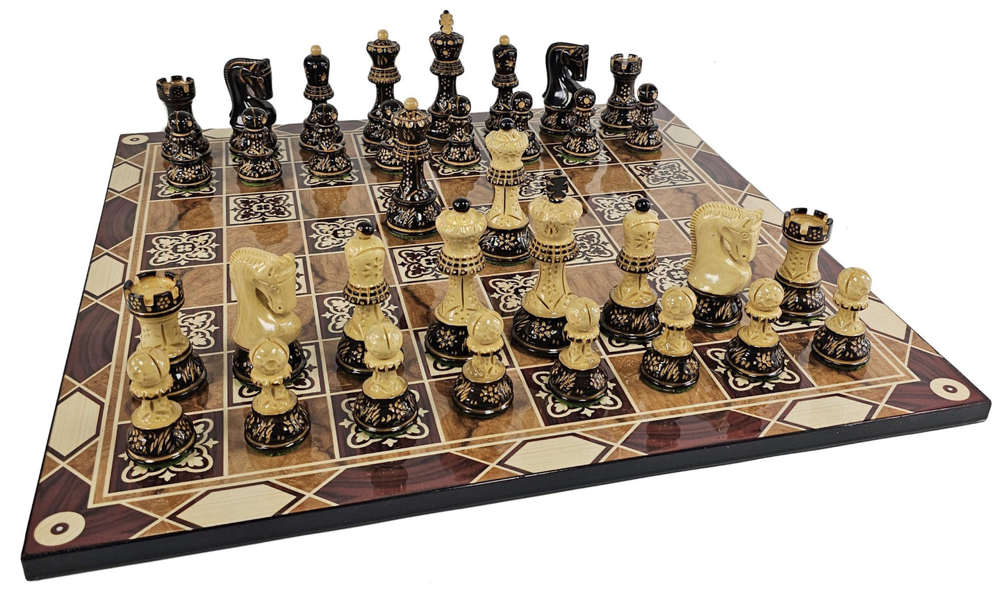 4 QN Burnt Zagreb 3 3/4" King Staunton Wood Chess Set W/ Burlwood Color Board