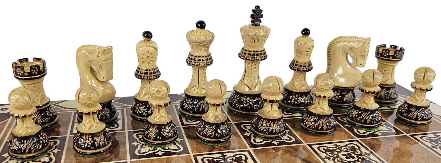 4 QN Burnt Zagreb 3 3/4" King Staunton Wood Chess Set W/ Burlwood Color Board