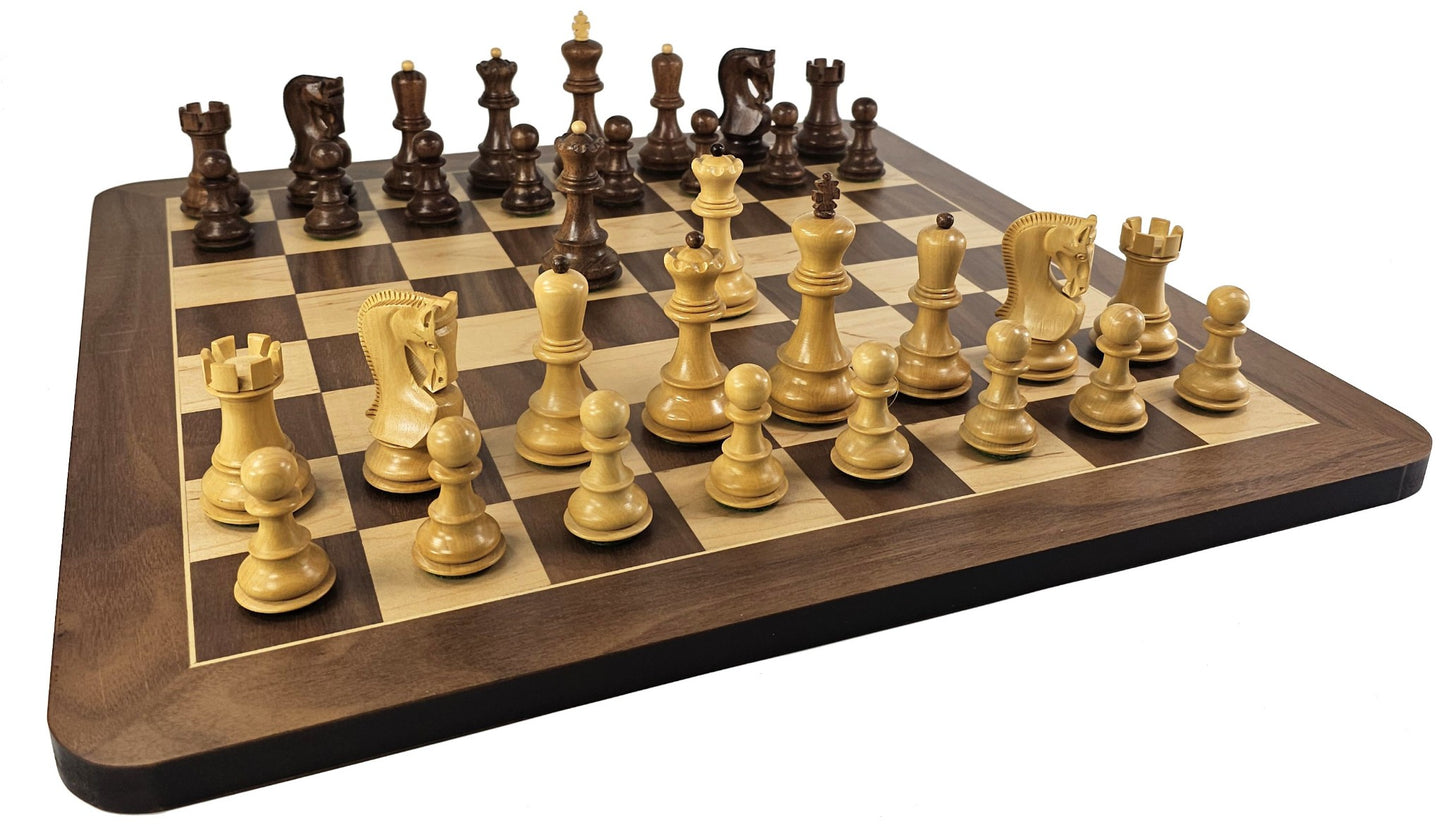 4 QN Acacia Opposite Tops 3 3/4" King Staunton Wood Chess Set w/19" Walnut Board