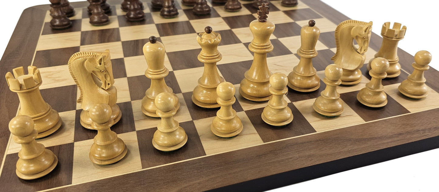 4 QN Acacia Opposite Tops 3 3/4" King Staunton Wood Chess Set w/19" Walnut Board