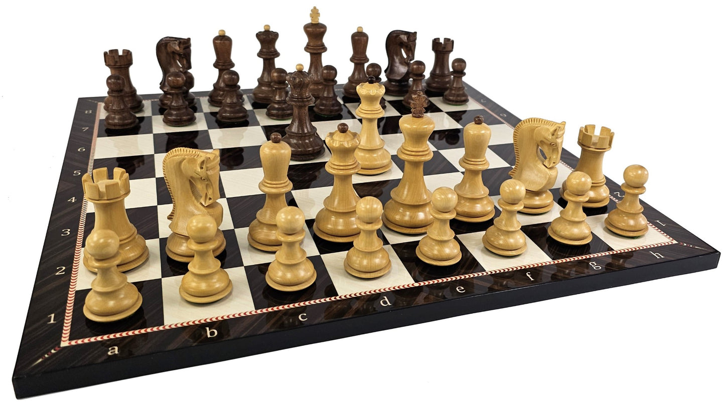 4 QN Acacia Opposite Tops 3 3/4" King Staunton Wood Chess Set W/ Elegance Board
