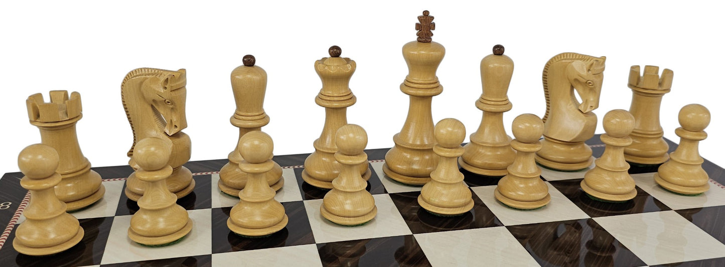 4 QN Acacia Opposite Tops 3 3/4" King Staunton Wood Chess Set W/ Elegance Board