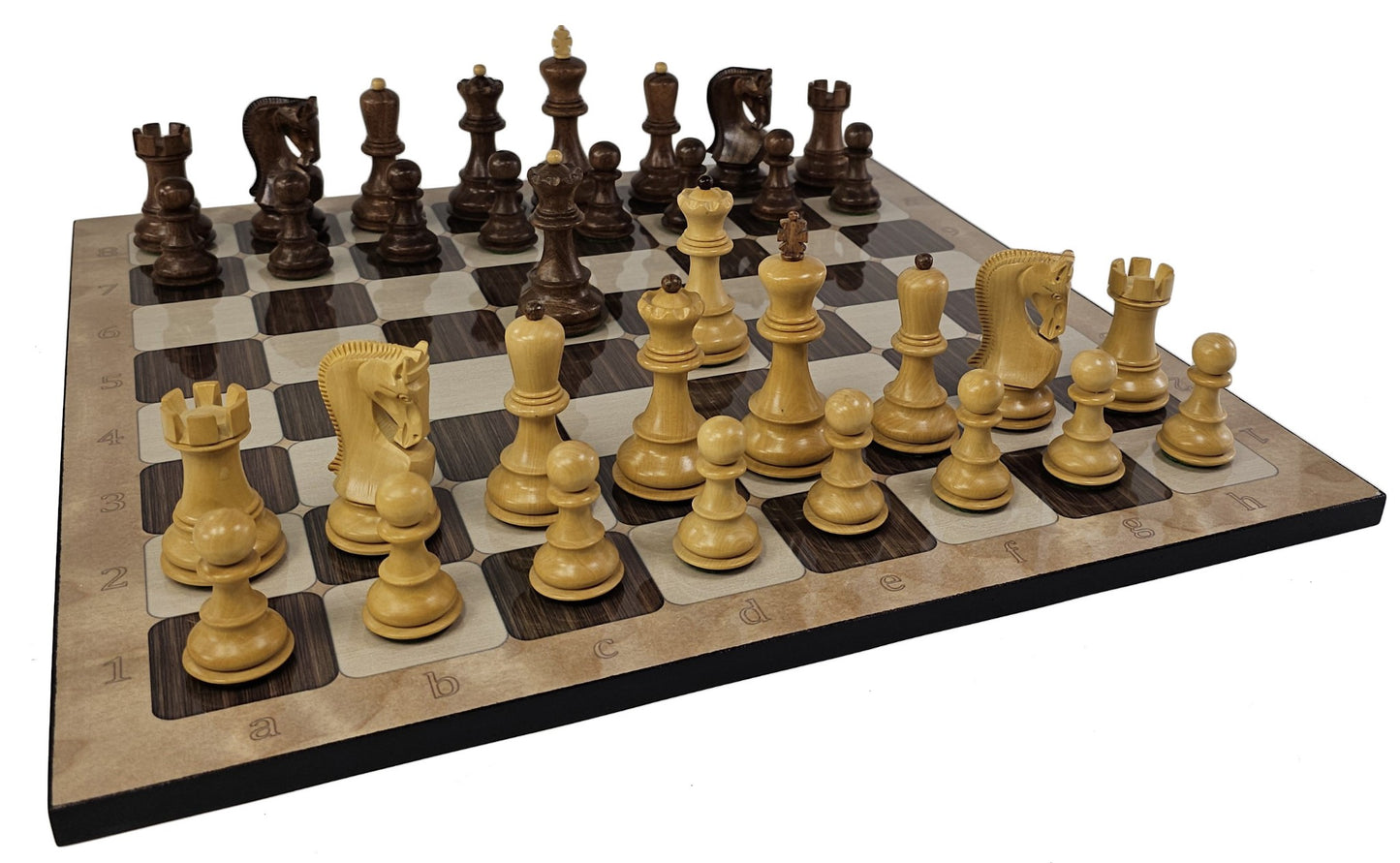 4 QN Acacia Opposite Tops 3 3/4" King Staunton Wood Chess Set W/ Rustic Board