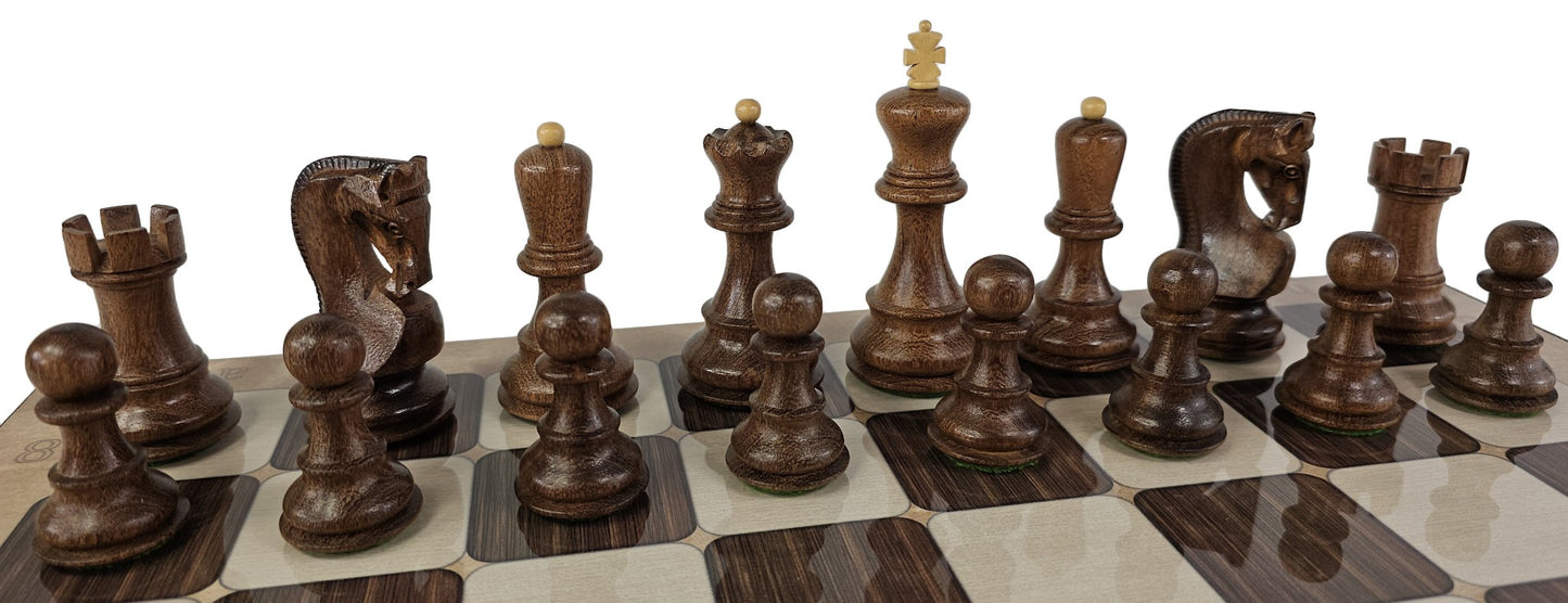 4 QN Acacia Opposite Tops 3 3/4" King Staunton Wood Chess Set W/ Rustic Board