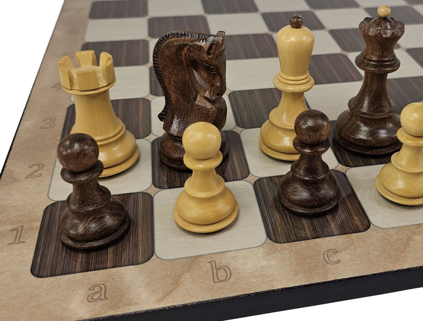 4 QN Acacia Opposite Tops 3 3/4" King Staunton Wood Chess Set W/ Rustic Board