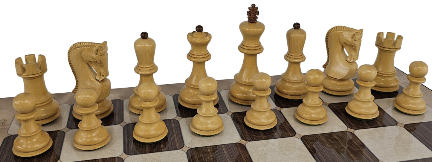 4 QN Acacia Opposite Tops 3 3/4" King Staunton Wood Chess Set W/ Rustic Board