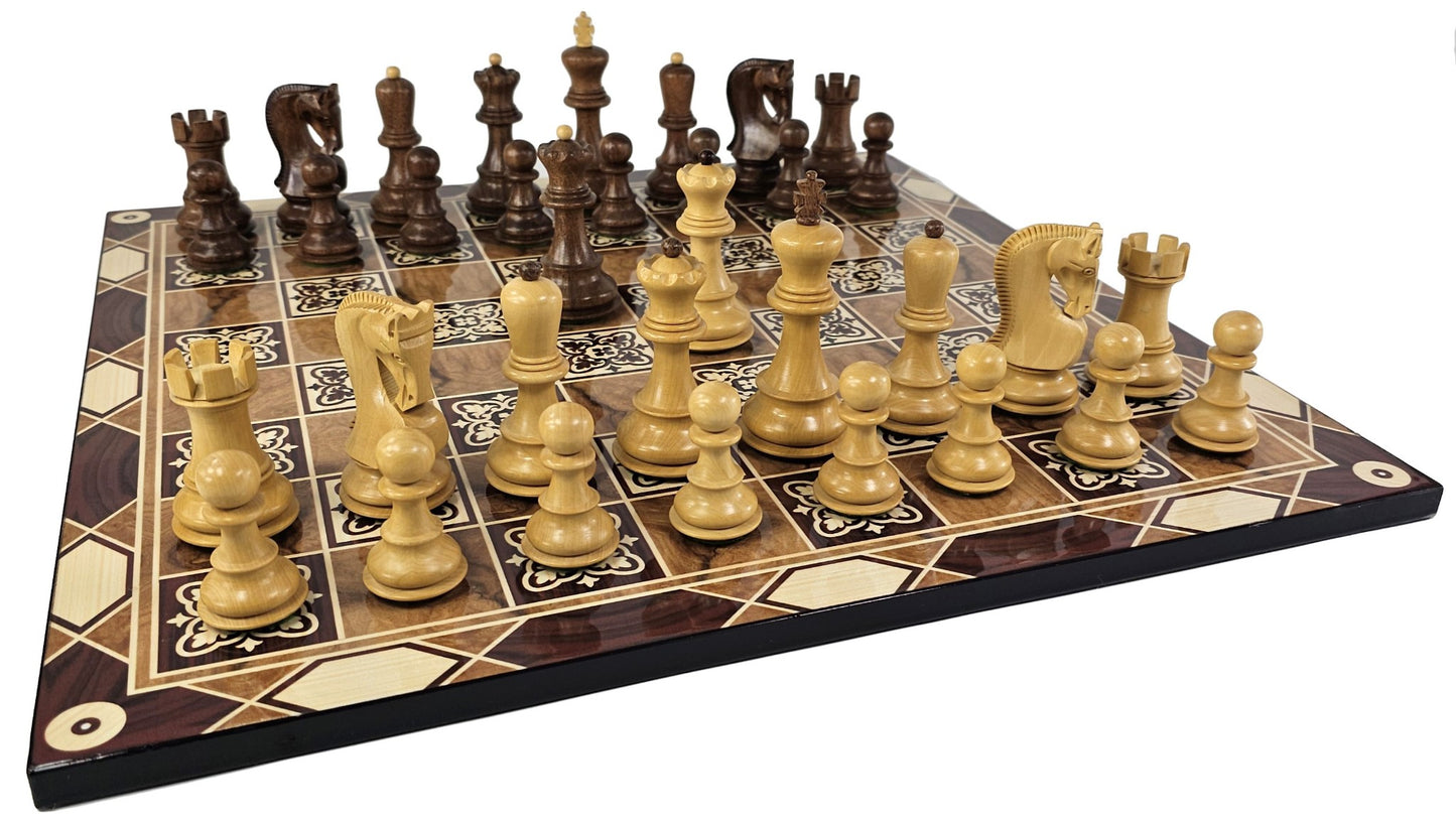 4 QN Acacia Opposite Tops 3 3/4" King Staunton Wood Chess Set Burlwood Color Brd