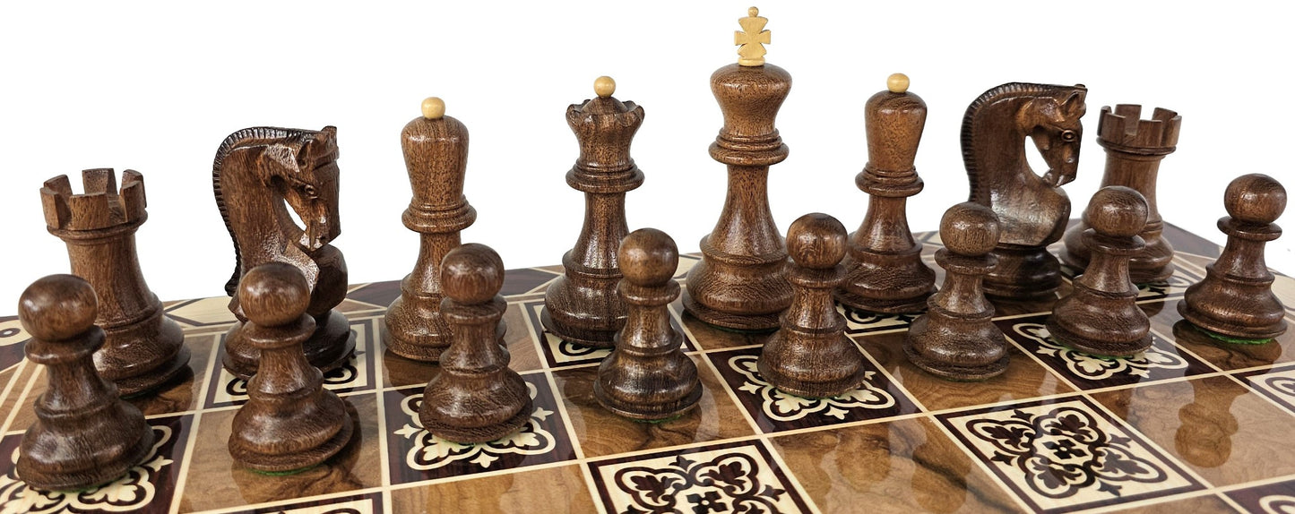 4 QN Acacia Opposite Tops 3 3/4" King Staunton Wood Chess Set Burlwood Color Brd