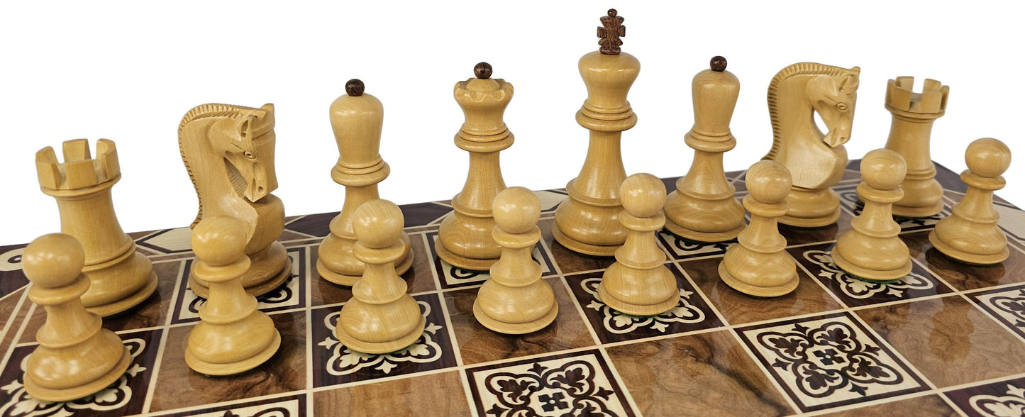 4 QN Acacia Opposite Tops 3 3/4" King Staunton Wood Chess Set Burlwood Color Brd