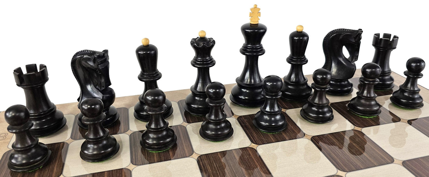 4 QN BlackOpposite Tops 3 3/4" King Staunton Wood Chess Set W/ Rustic Board