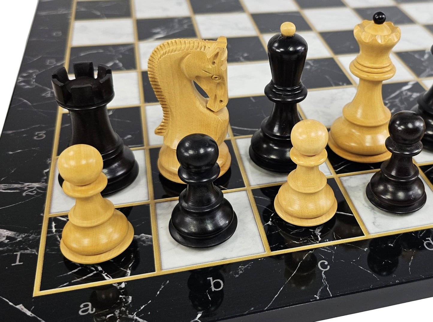 4 QN Black Opposite Tops 3 3/4" King Staunton Wood Chess Set 16.5 Faux Marble Bd