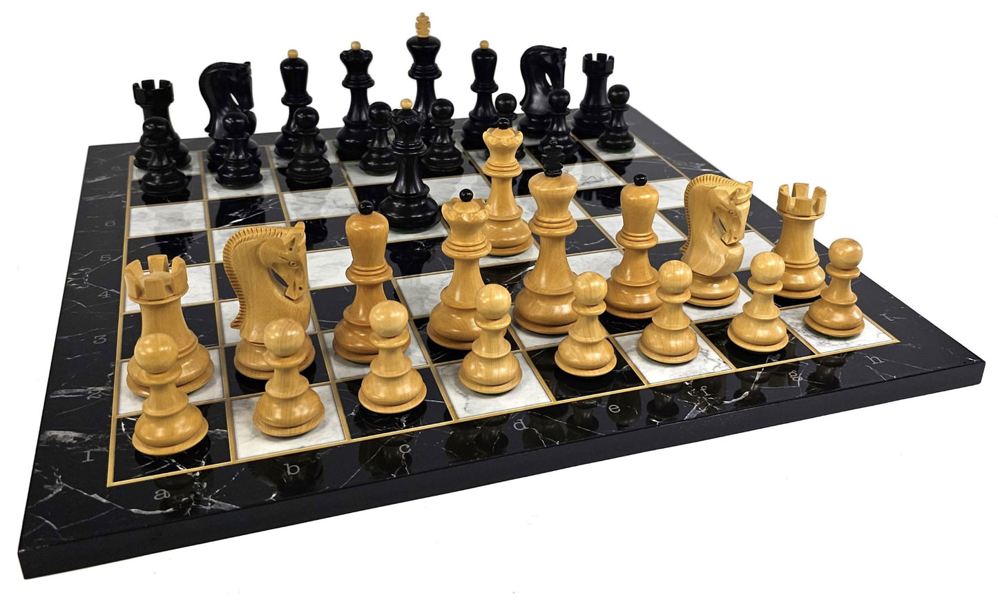 4 QN Black Opposite Tops 3 3/4" King Staunton Wood Chess Set 16.5 Faux Marble Bd