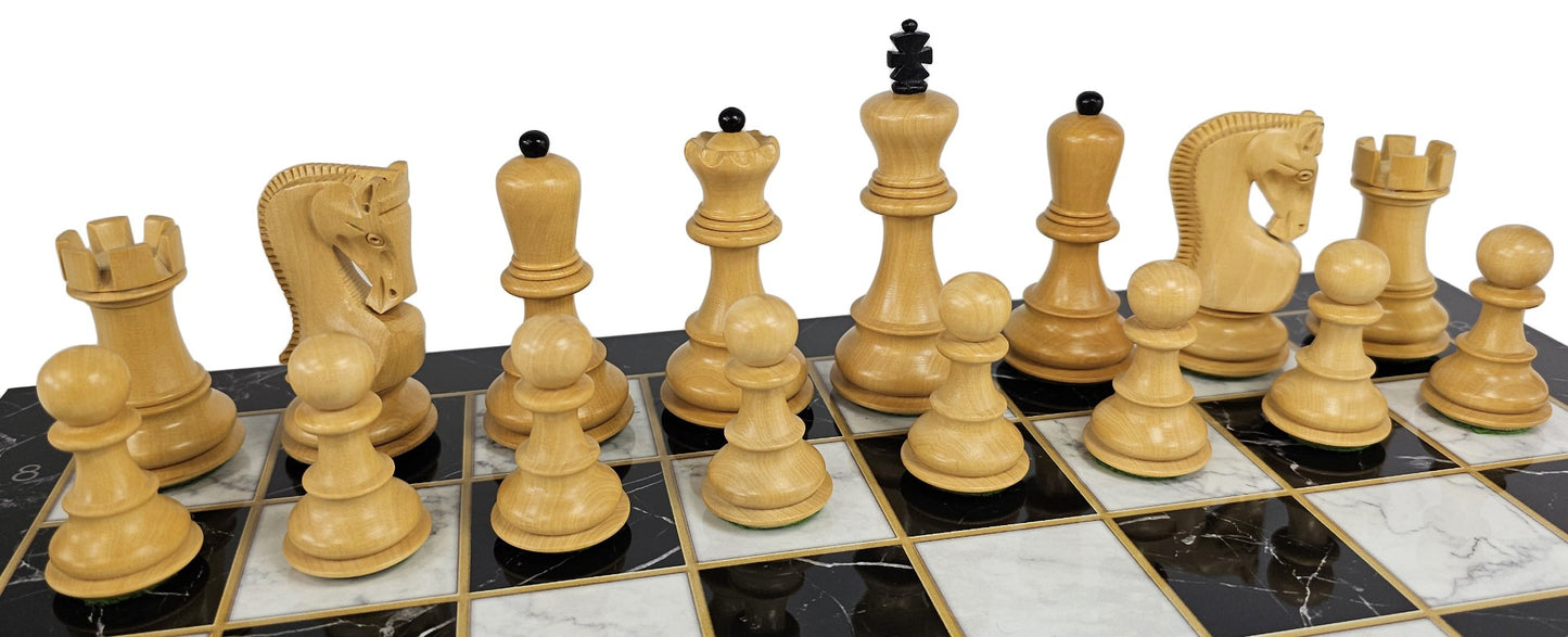 4 QN Black Opposite Tops 3 3/4" King Staunton Wood Chess Set 16.5 Faux Marble Bd