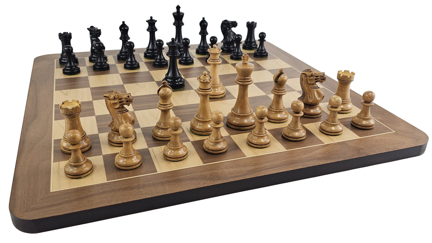 4 QNS Black / Antiqued 3 3/4" Anderssen Staunton Wood Chess Set 19" Walnut Board