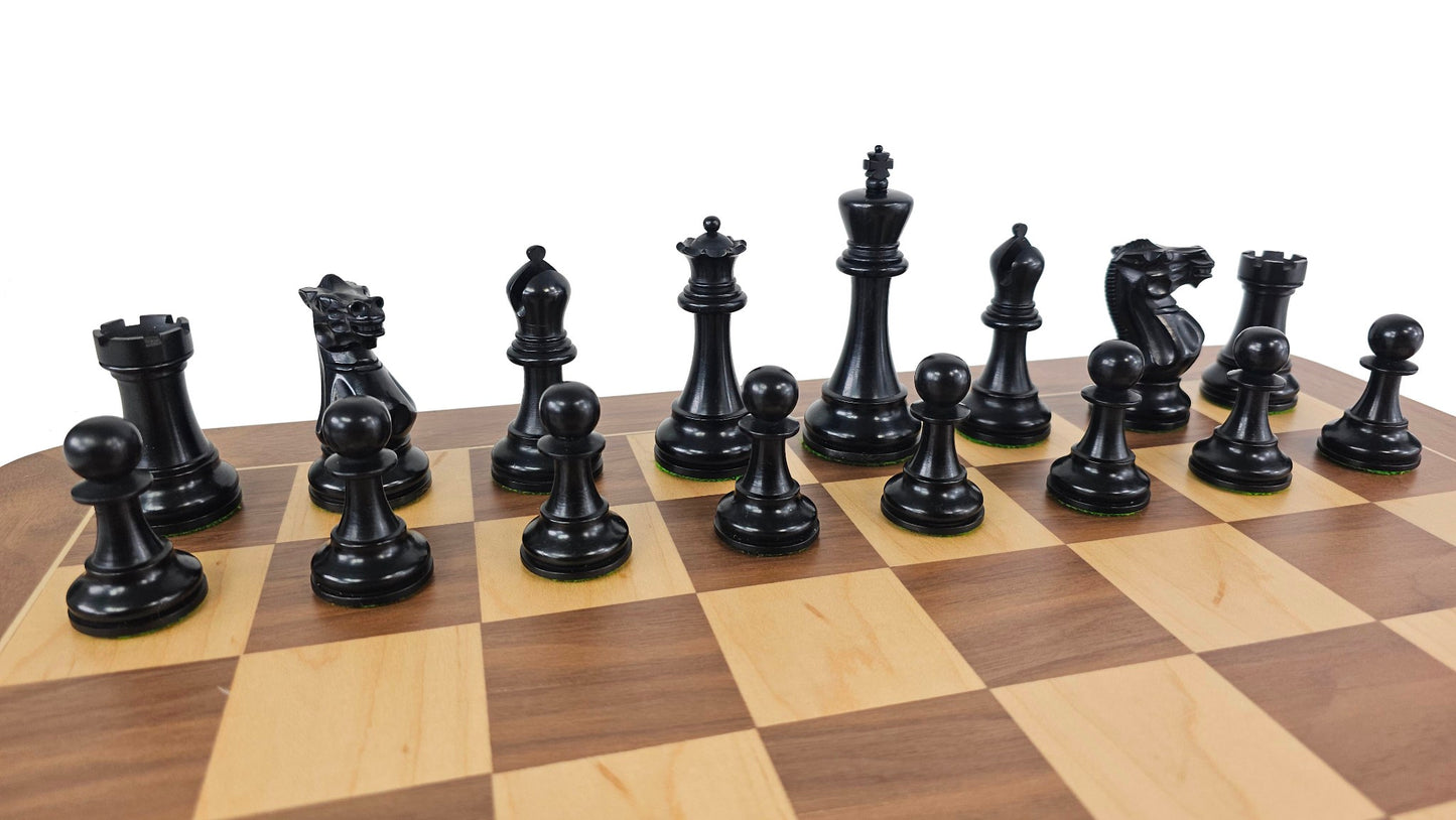 4 QNS Black / Antiqued 3 3/4" Anderssen Staunton Wood Chess Set 19" Walnut Board